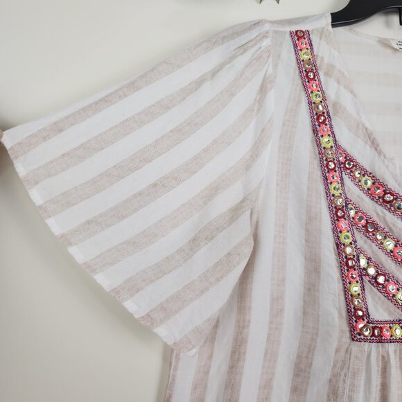 Entro Size M Striped Short Sleeve Relaxed Embroidered Boho Top Blouse - Picture 3 of 7